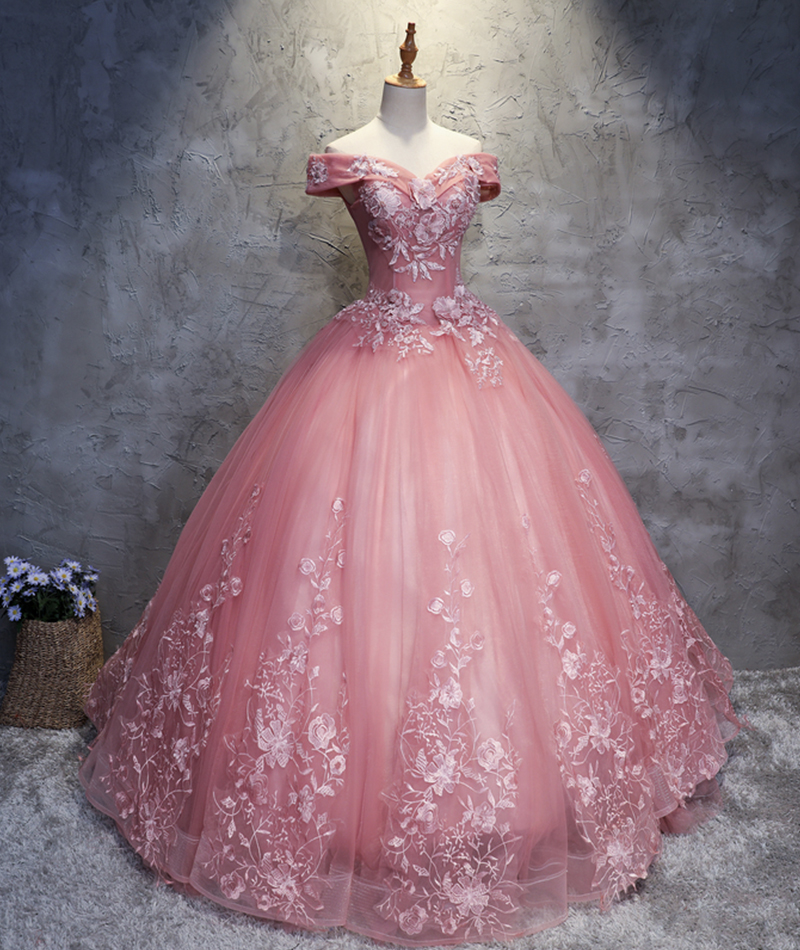 Pink Lace Appliqu Long Ball Gown Dress Sweet 16 Dress