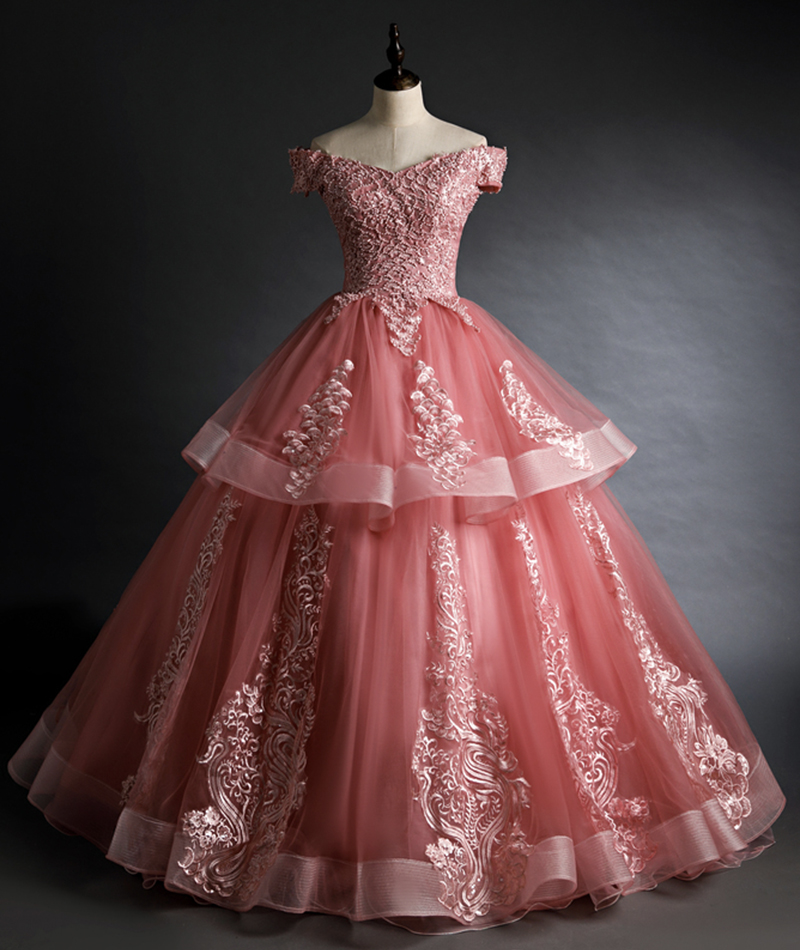 Pink Lace Long Ball Gown Dress Off Shoulder Evening Dress