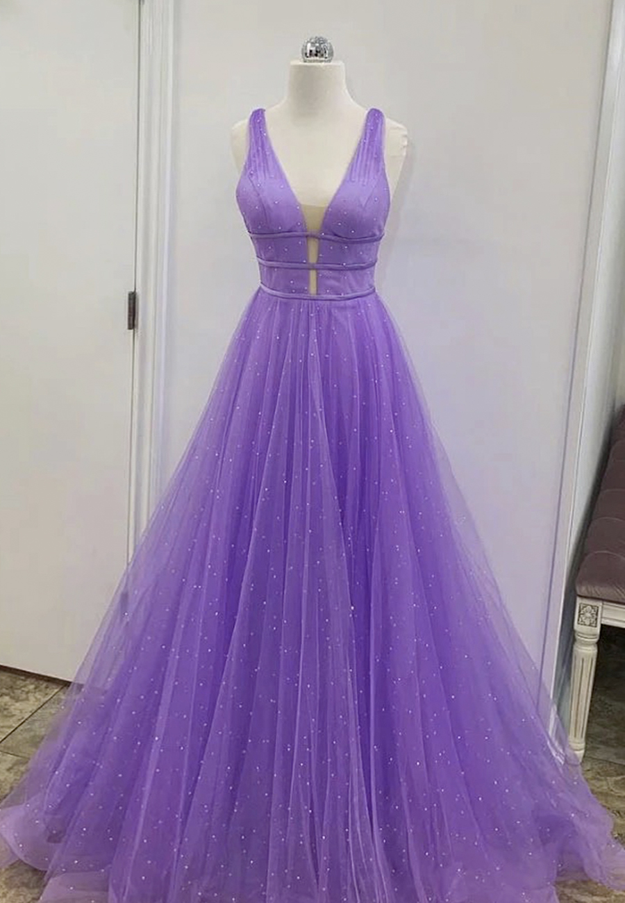Purple V Neck Tulle Long Prom Dress Evening Dress