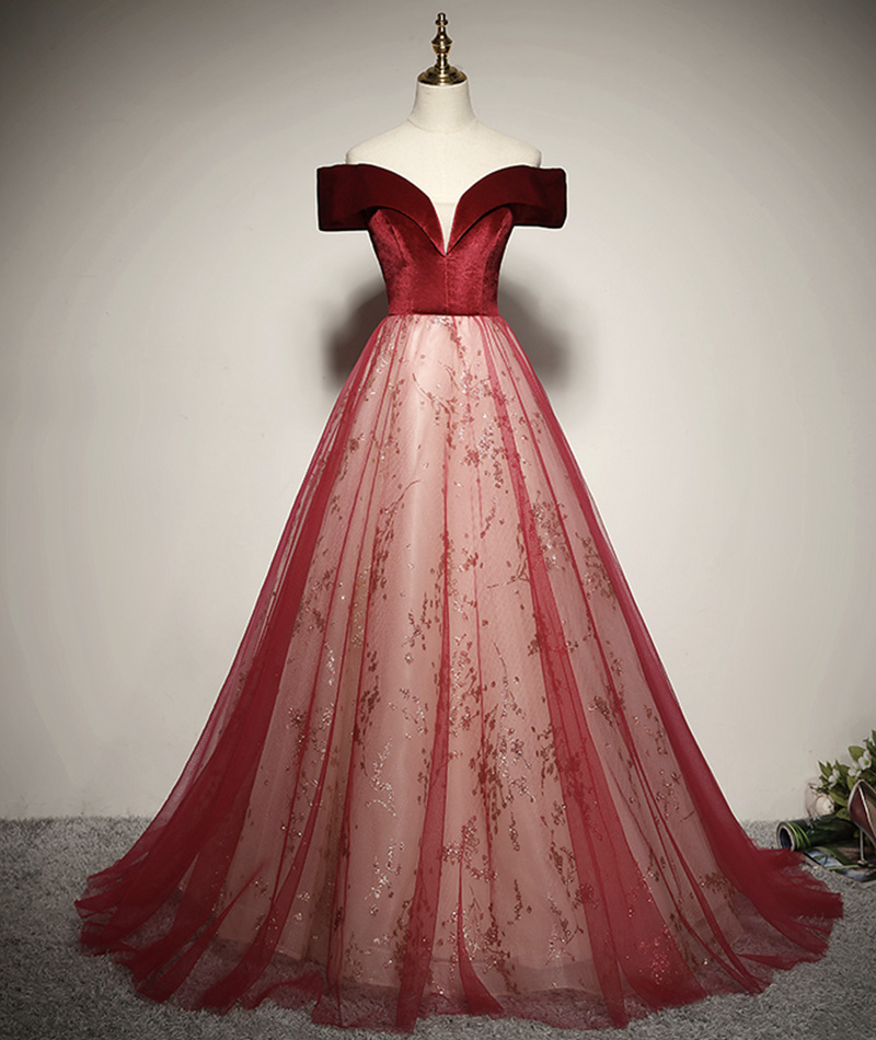 Burgundy Velvet Sequins Long Ball Gown Dress Formal Dress