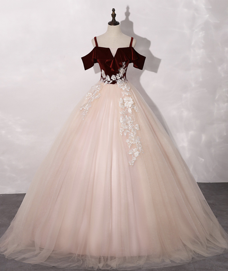 Burgundy Velvet And Pink Tulle Long Prom Dress Evening Dress