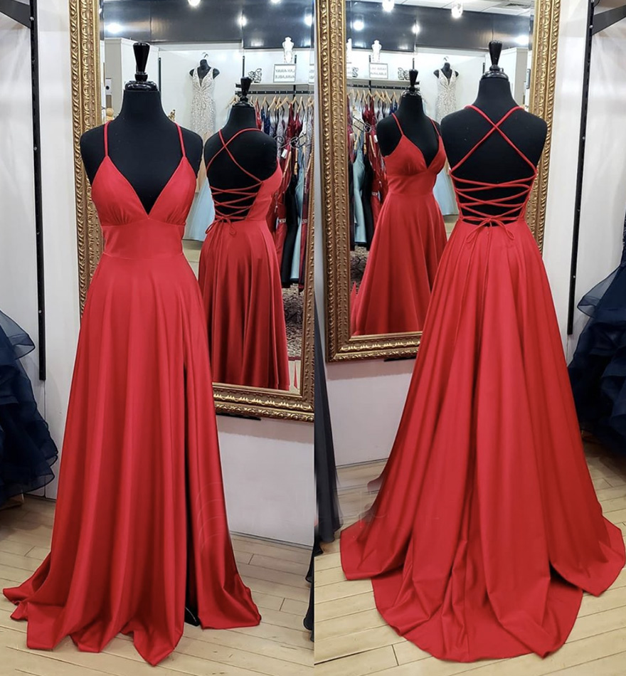 Red V Neck Long Prom Dress Red Evening Dress