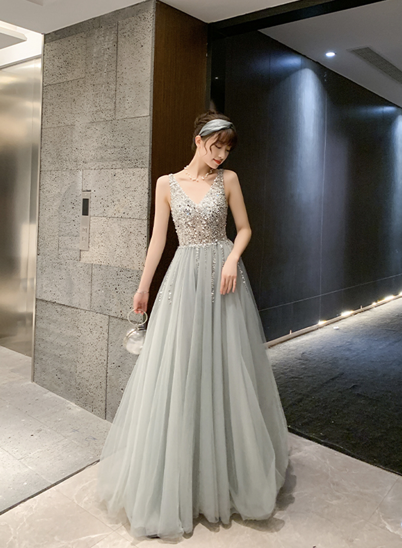 Gray v neck tulle beads long prom dress evening dress