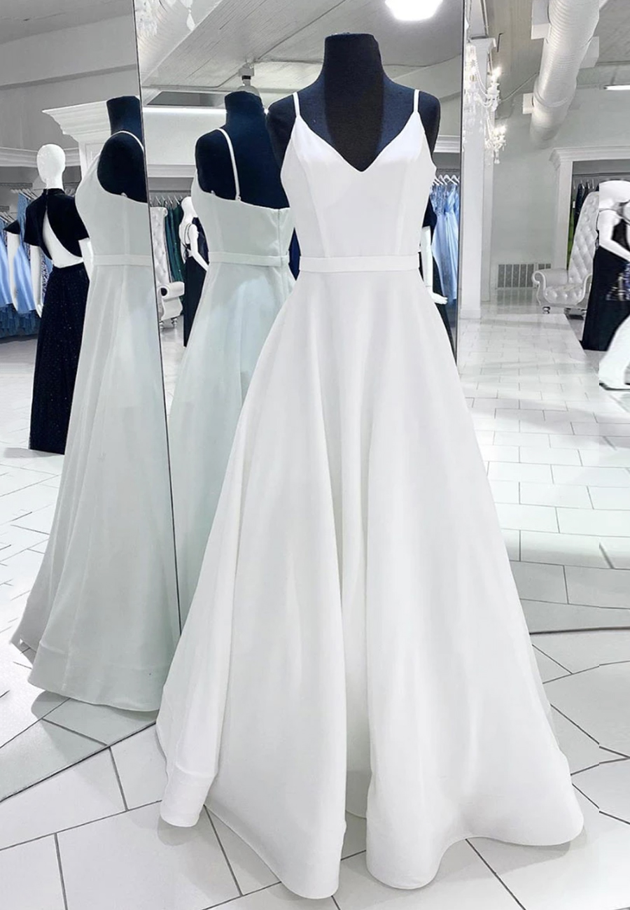Simple white satin long prom dress white long evening dress main image 1