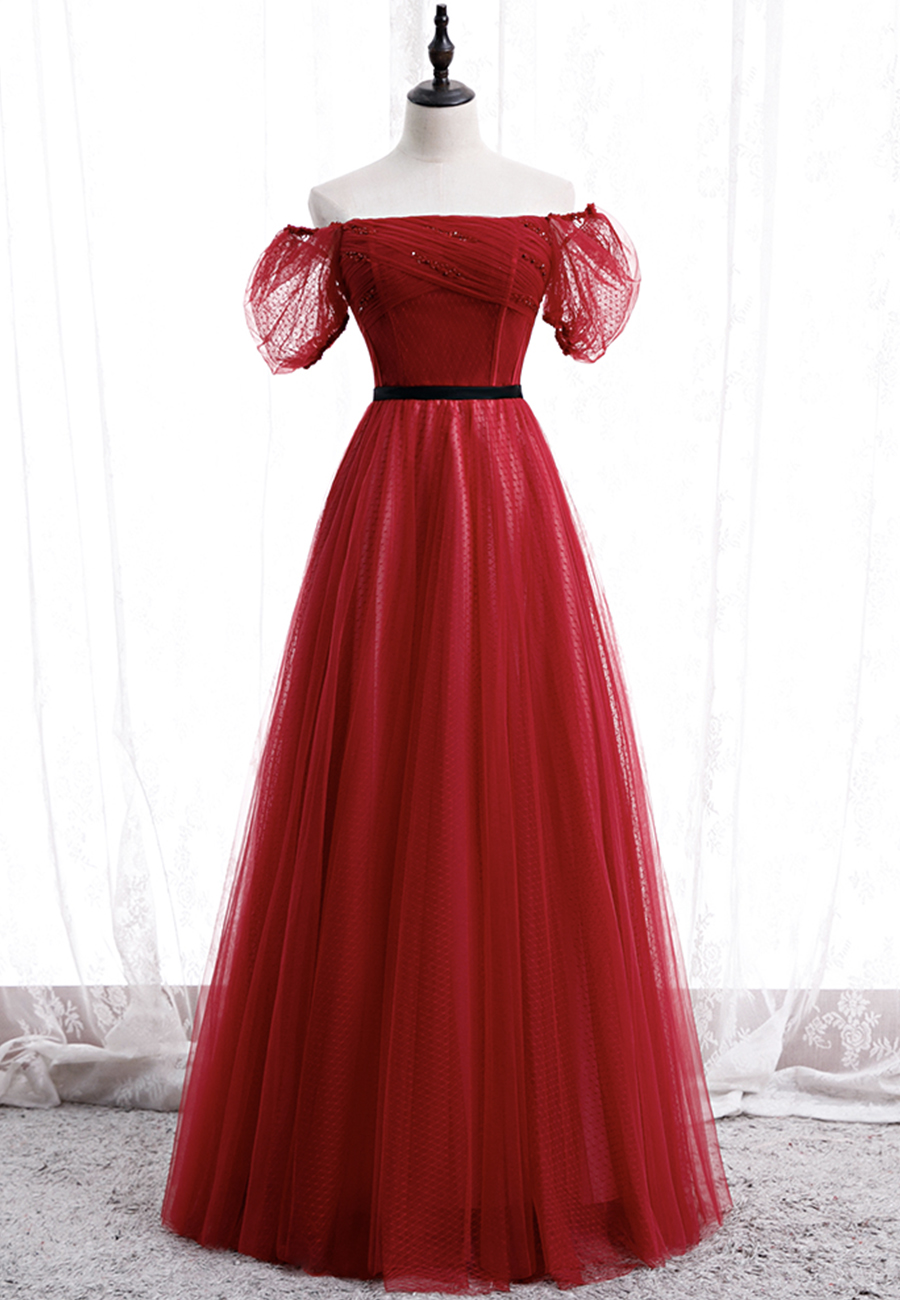 Red Off The Shoulder Mesh Sleeves Tulle Long Prom Dress Evening Dress