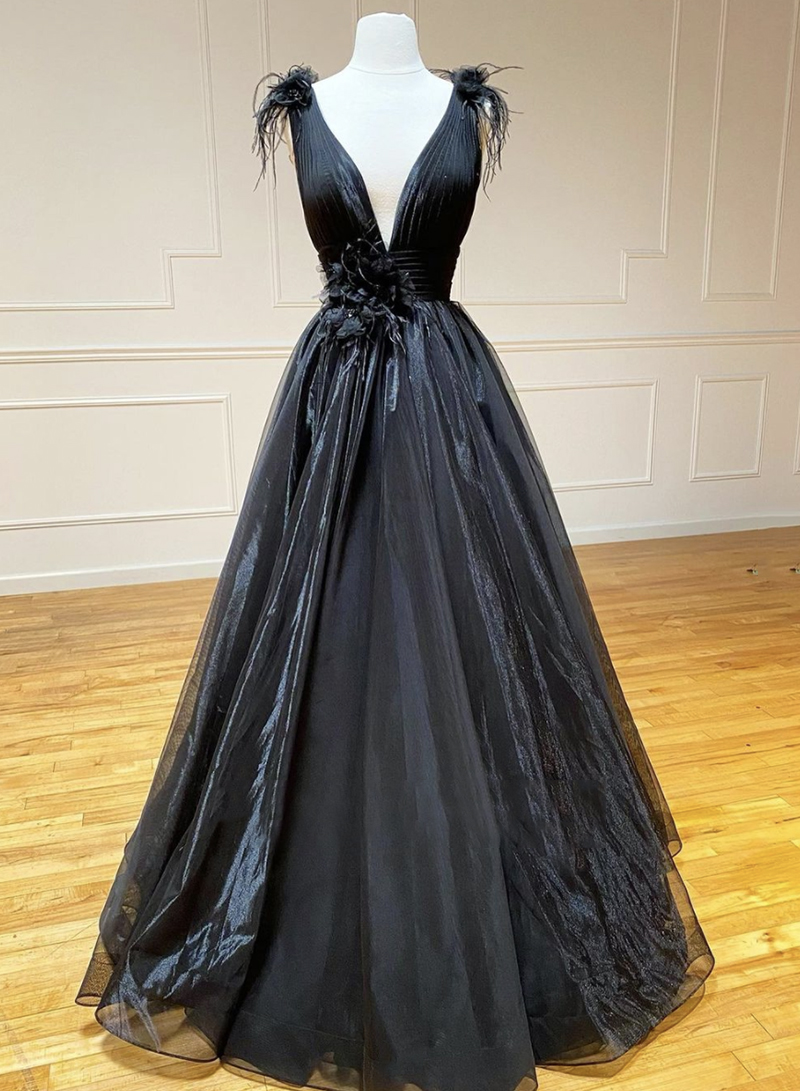 Blue V Neck Tulle Long Prom Dress Black Evening Dress