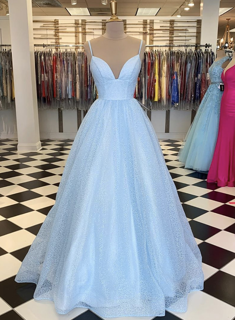 Blue V Neck Tulle Sequin Ball Gown Dress Formal Dress