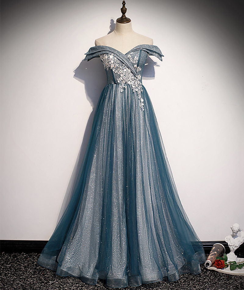 Blue Tulle Lace Long Prom Dress Off Shoulder Evening Dress