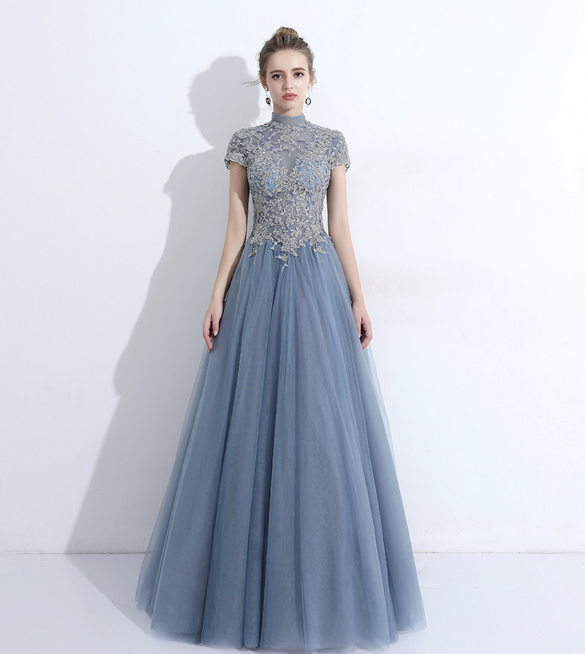 Blue lace long prom dress A line evening dress