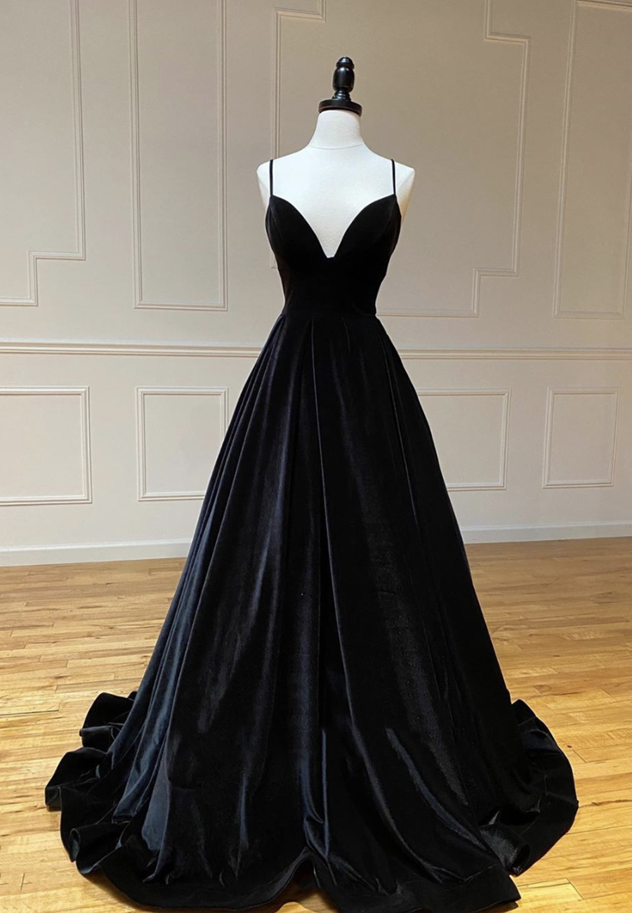 Black V Neck Long Prom Dress Black Velvet Evening Dress