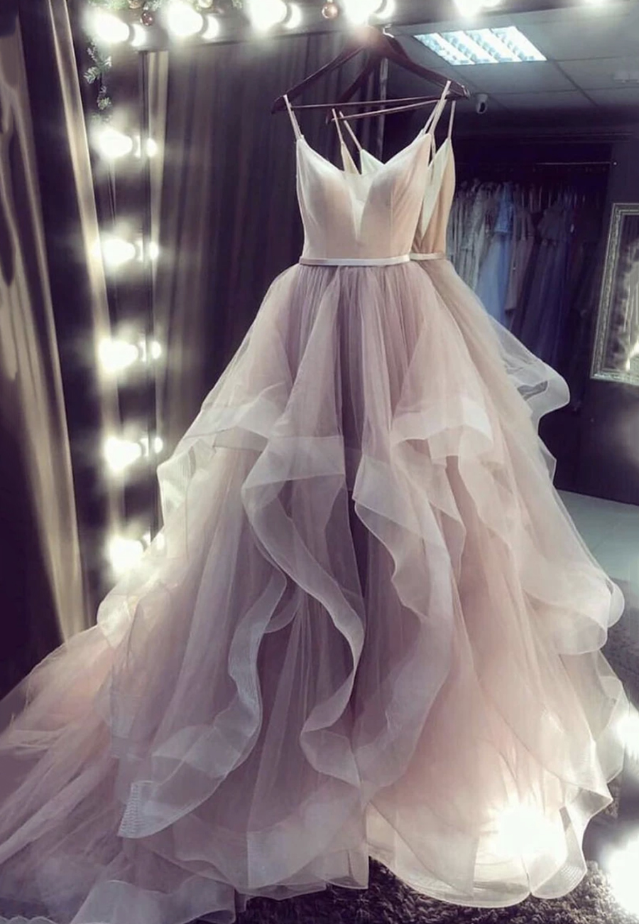 Custom Made V Neck Tulle Long Prom Gown Evening Dress