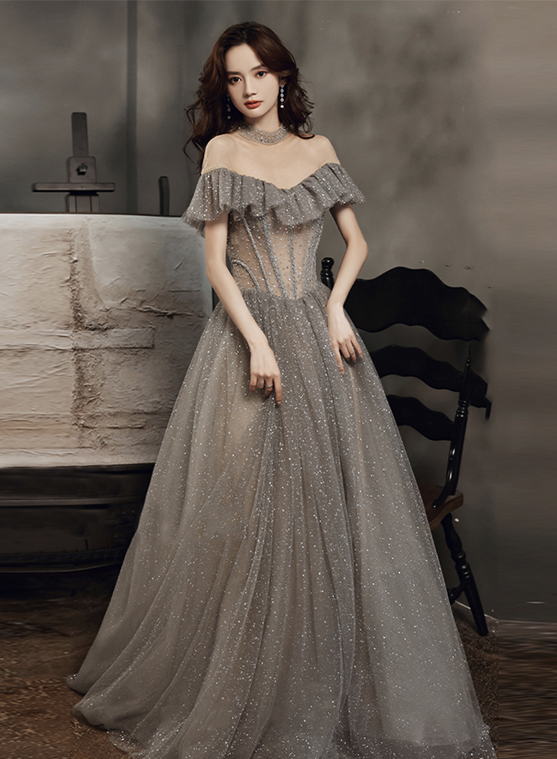 Gray Tulle Sequins Long Ball Gown Dress Formal Dress