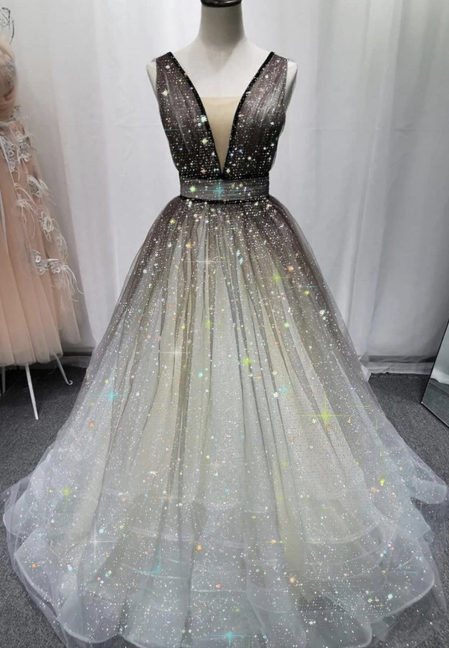 A Line Black V Neck Tulle Long Prom Dress