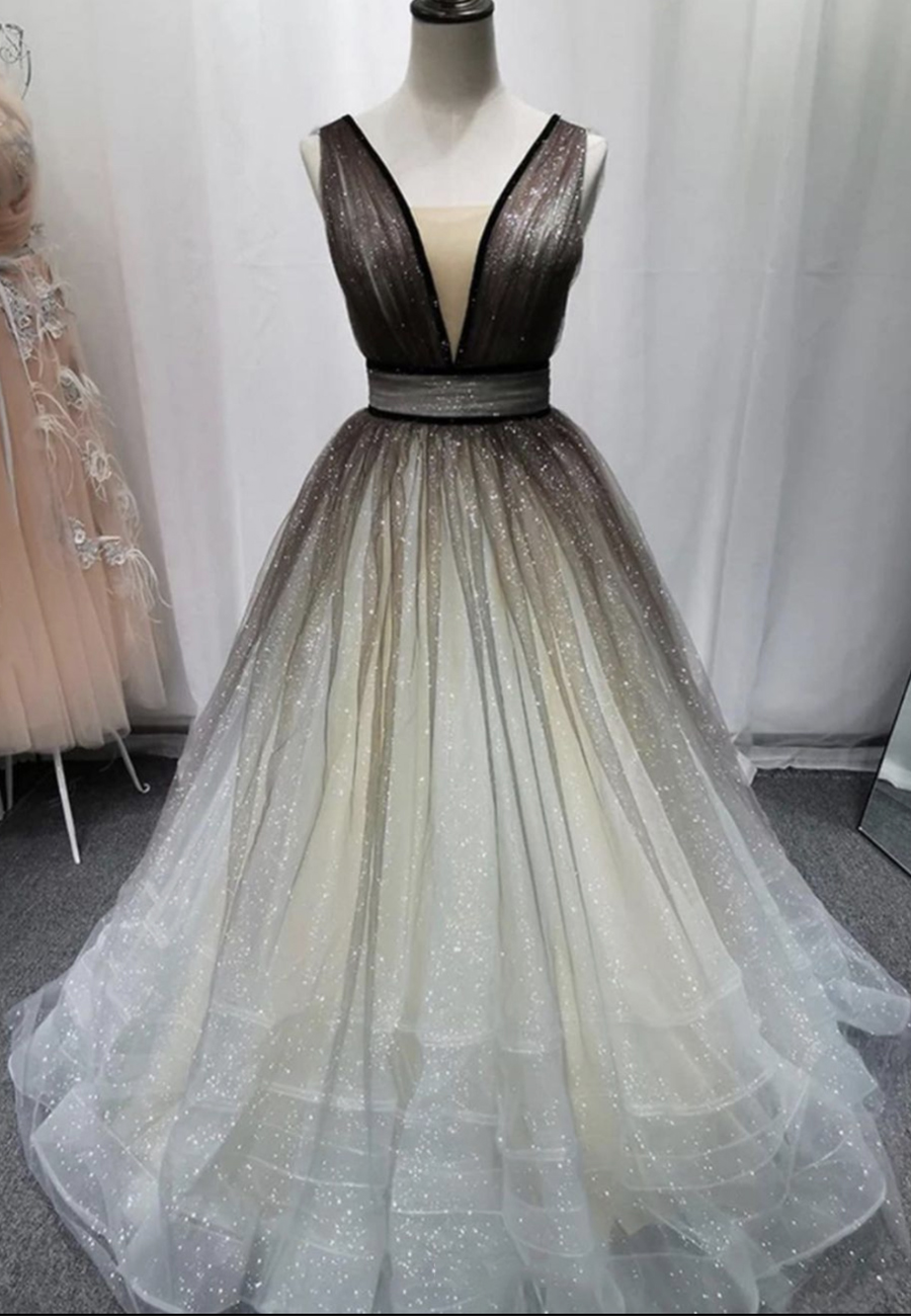 Cut V-neck Sleeveless A-line Tulle Evening Prom Dresses Online, OLP928