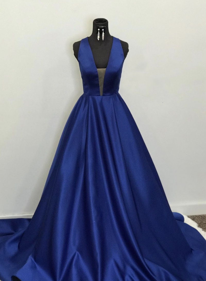 Blue V Neck Satin Long Prom Dress Blue Evening Dress