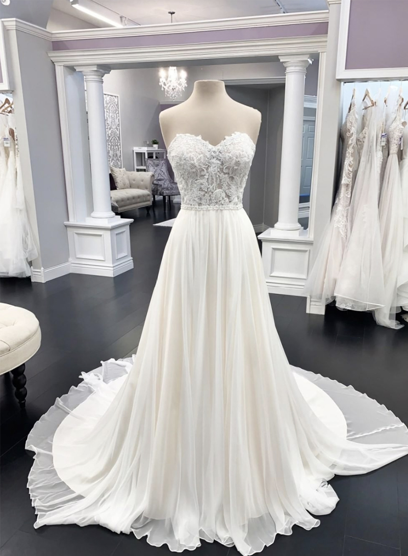 White Chiffon Lace Long Prom Dress White Evening Dress