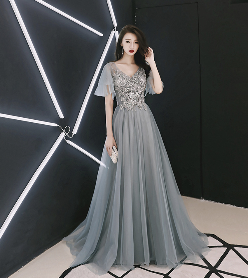 Grey V Neck Tulle Lace Long Prom Dress Evening Dress