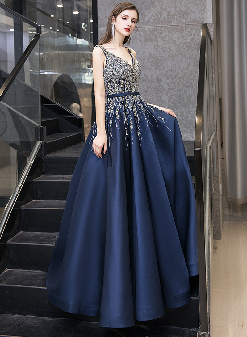 Amazing Long Blue Satin Rhinestones Prom Dress Designer Evening Dress main image 1