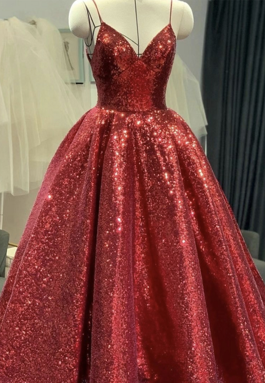 Red V Neck Sequins Long Prom Dress Red Evening Dress