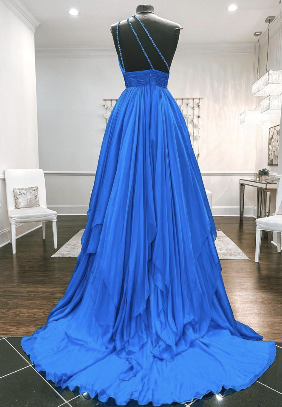 Elegant Blue Chiffon Backless Printed Long Prom Dress Evening Gown Y8478