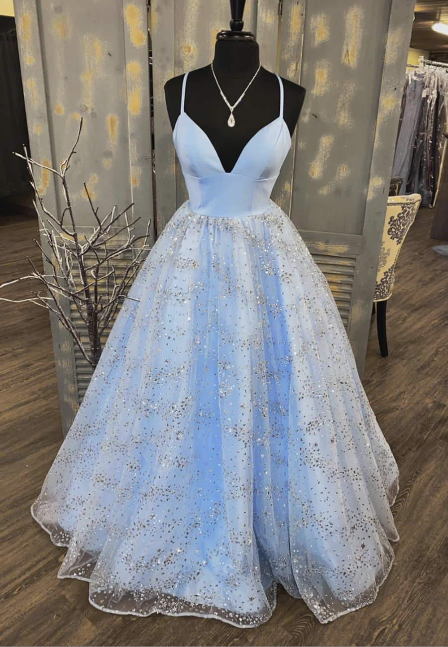 Blue V Neck Tulle Sequins Long Prom Dress Evening Dress