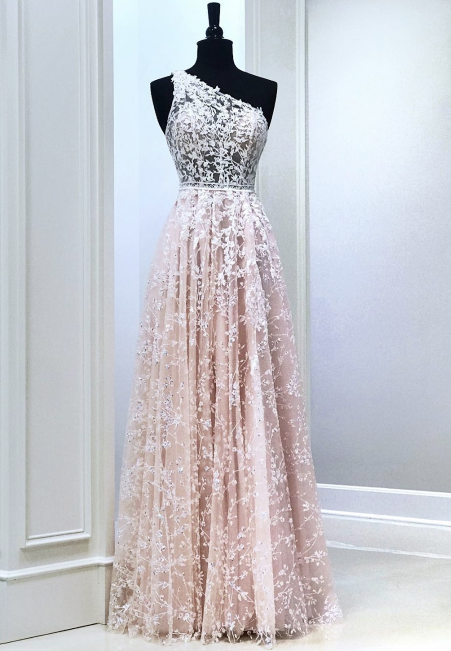 Pink Tulle Lace Long Prom Dress One Shoulder Evening Dress
