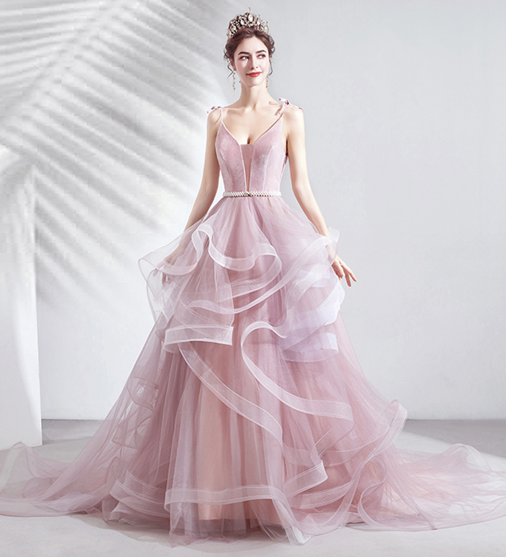 Pink V Neck Tulle Long Ball Gown Dress Formal Dress