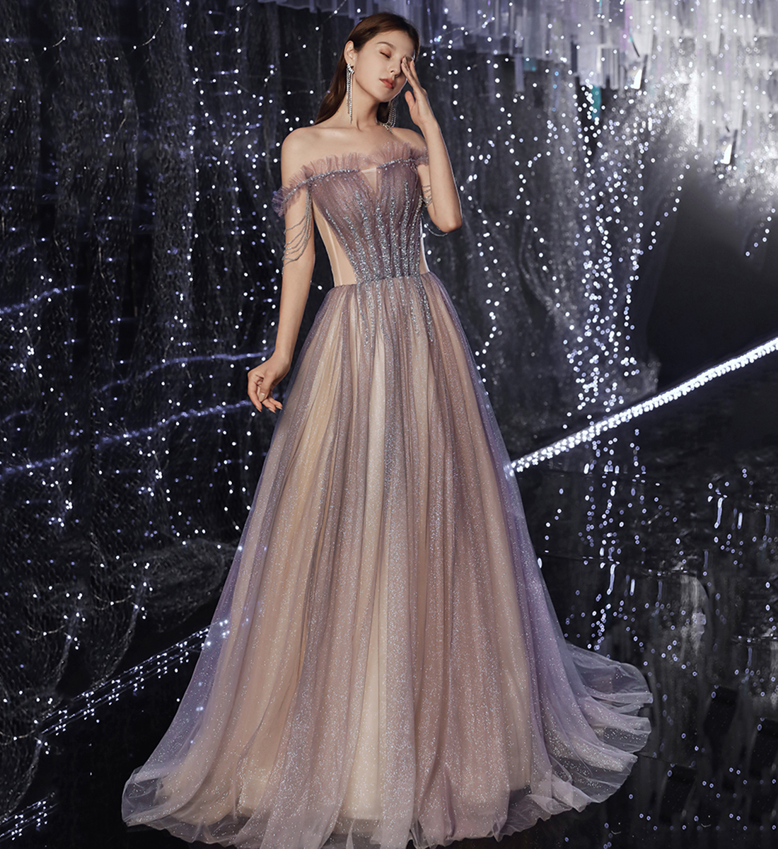 Shiny Tulle Sequins Long Prom Dress Evening Dress