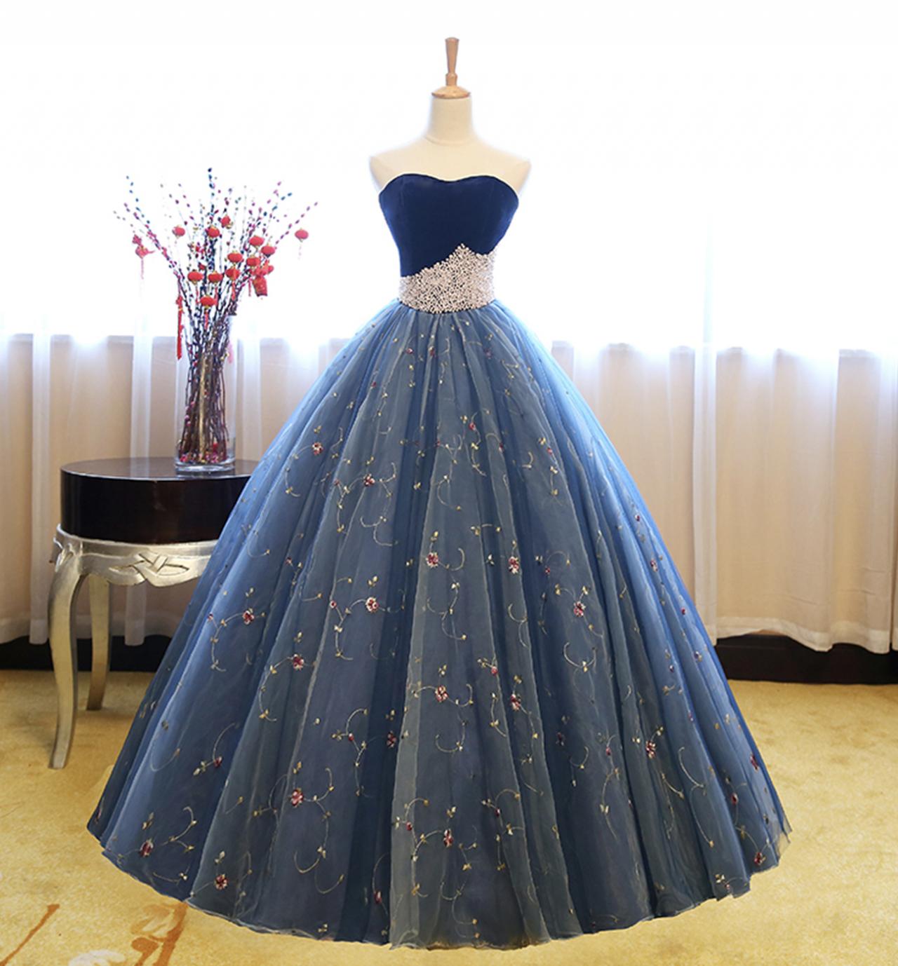 Blue Tulle Lace Long Ball Gown Dress Blue Evening Dress