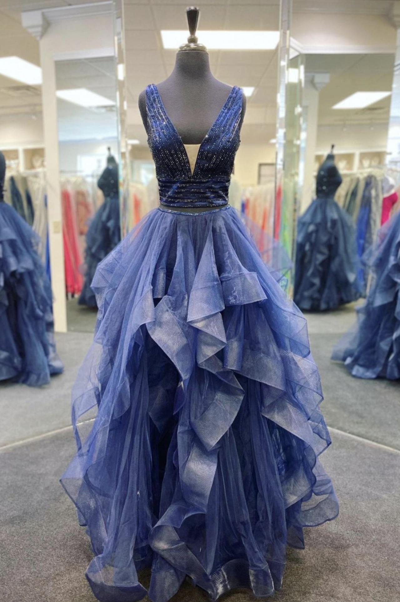 Blue Tulle Beads Prom Dress Two Pieces Evening Dress