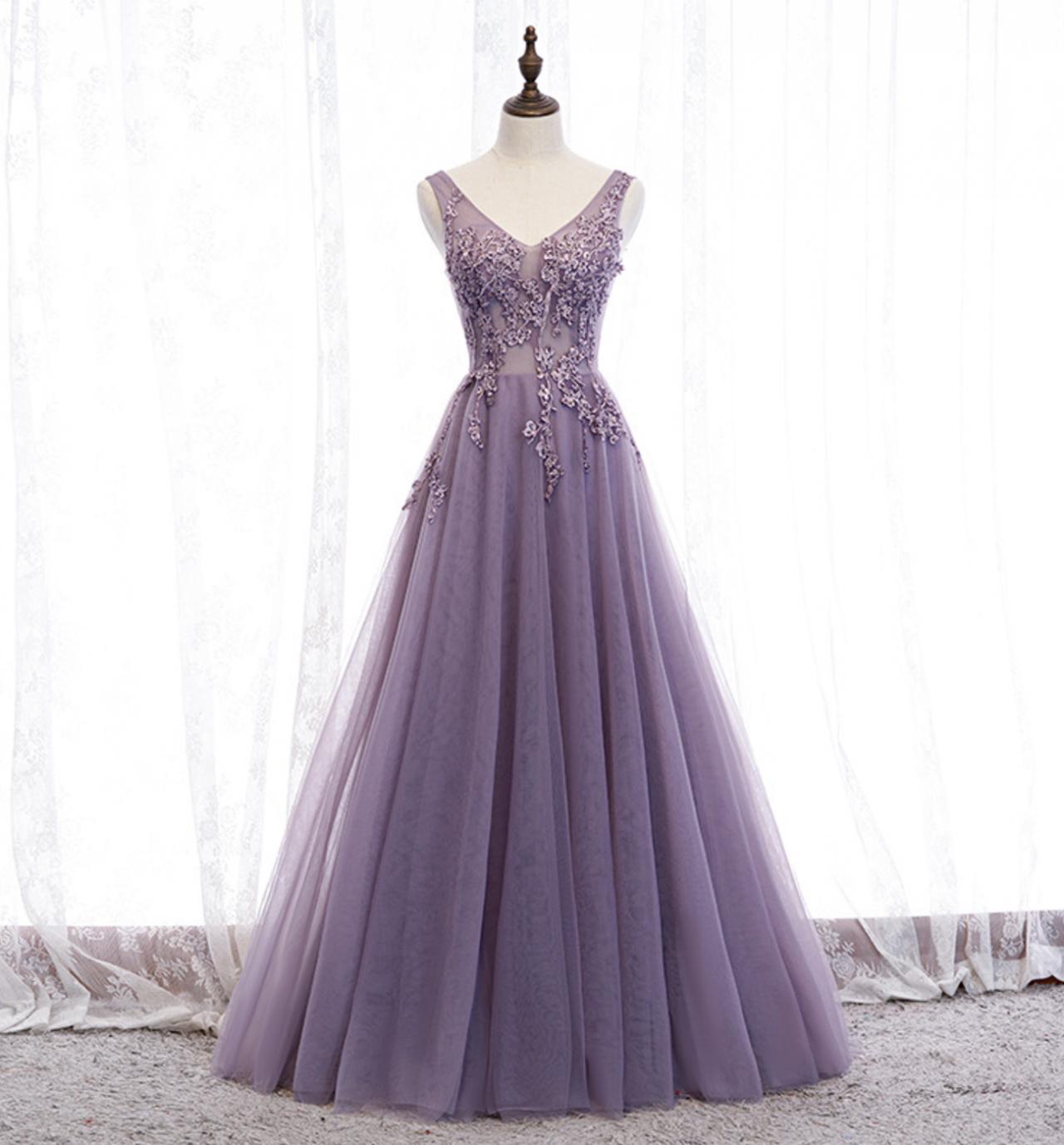 Purple V Neck Long A Line Prom Dress Lace Evening Dress