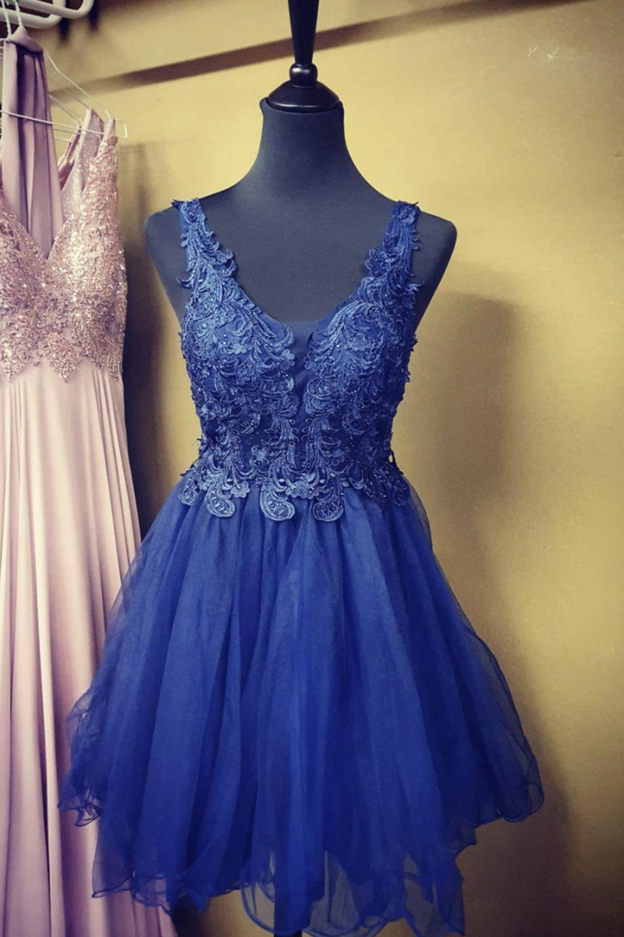 Blue Lace Short A Line Prom Dress Evening Dress
