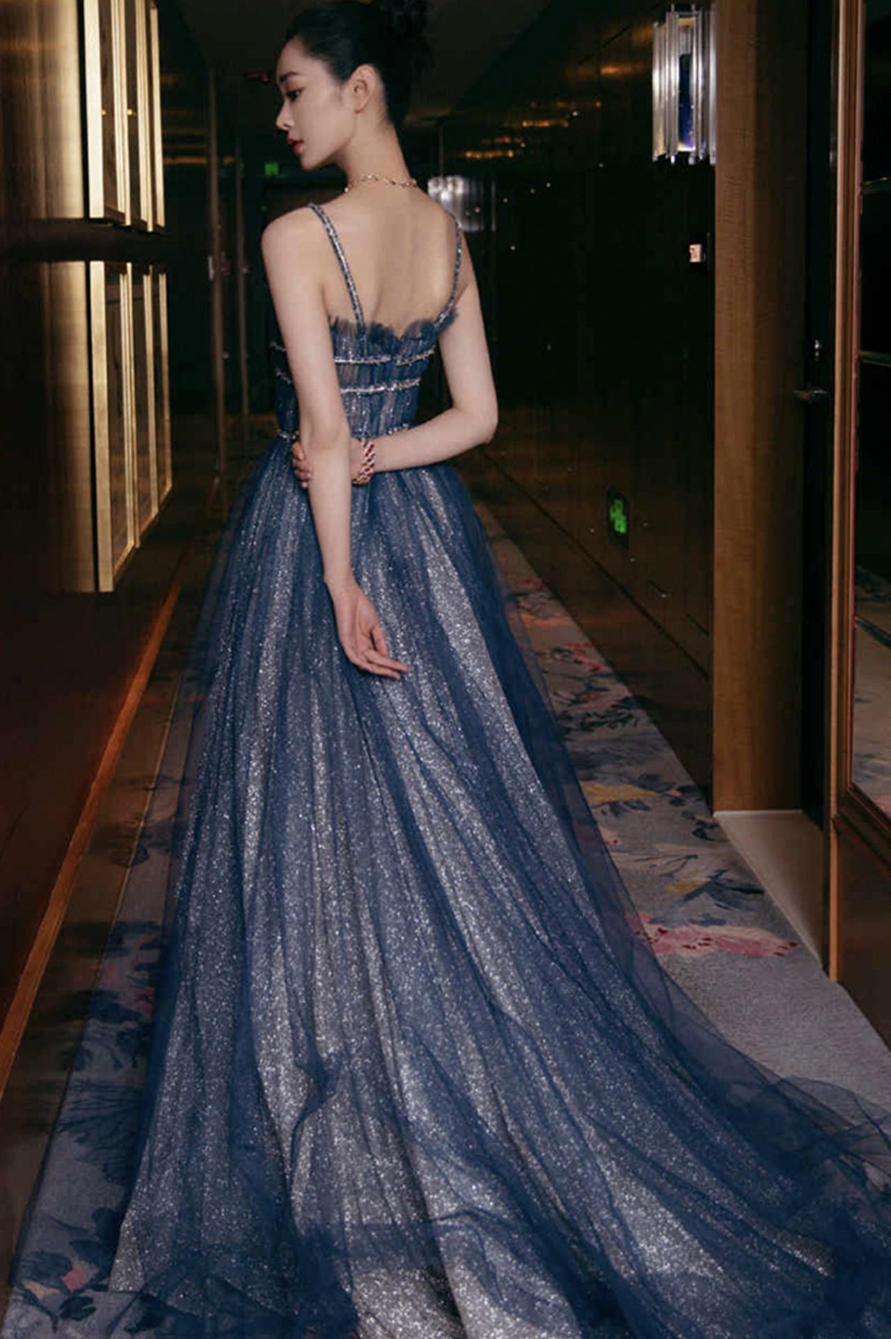 Blue Shiny A-line Long Formal Dress with Lace Up Back gh2161 main image 1