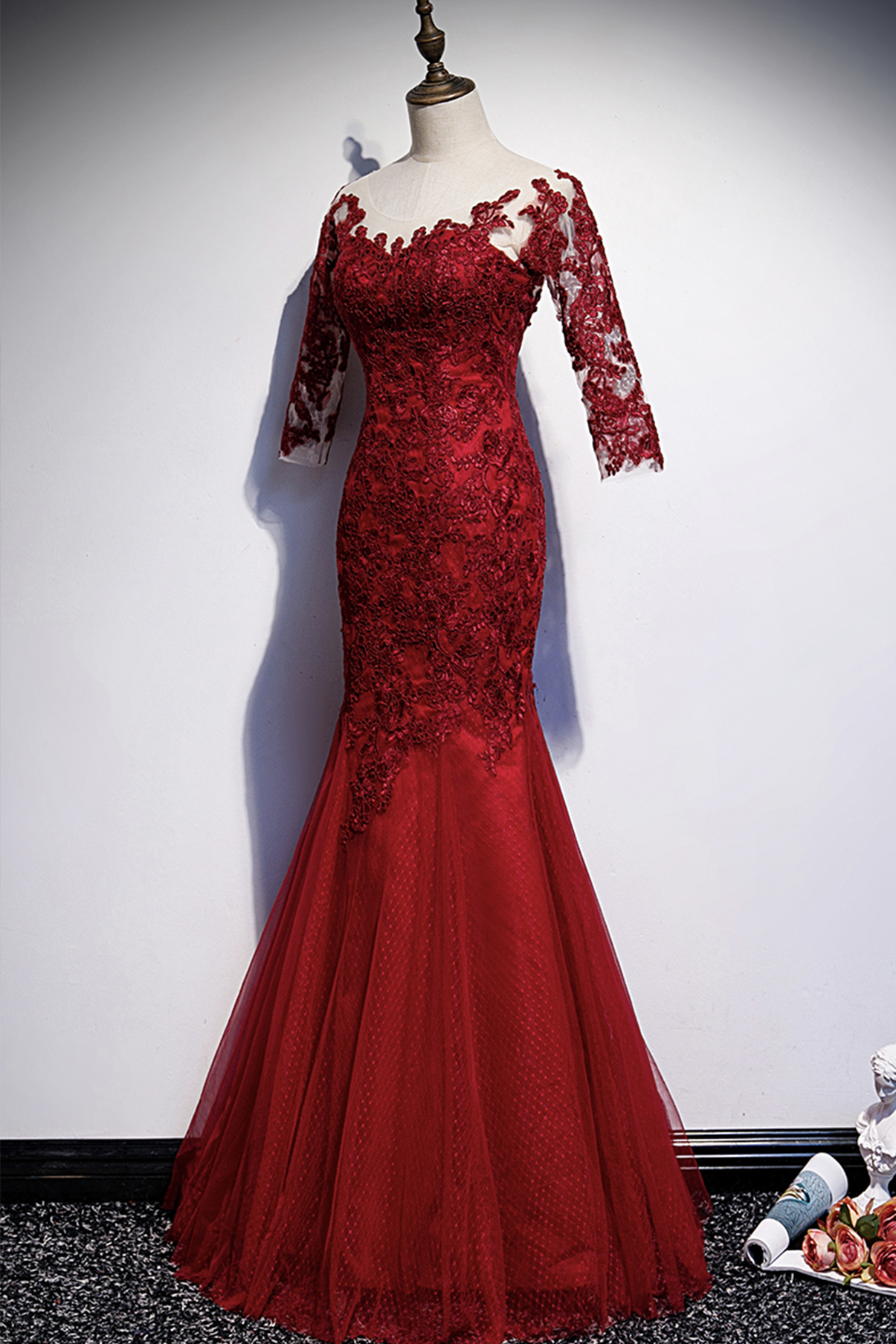 Burgundy lace long prom dress mermaid evening dress s110