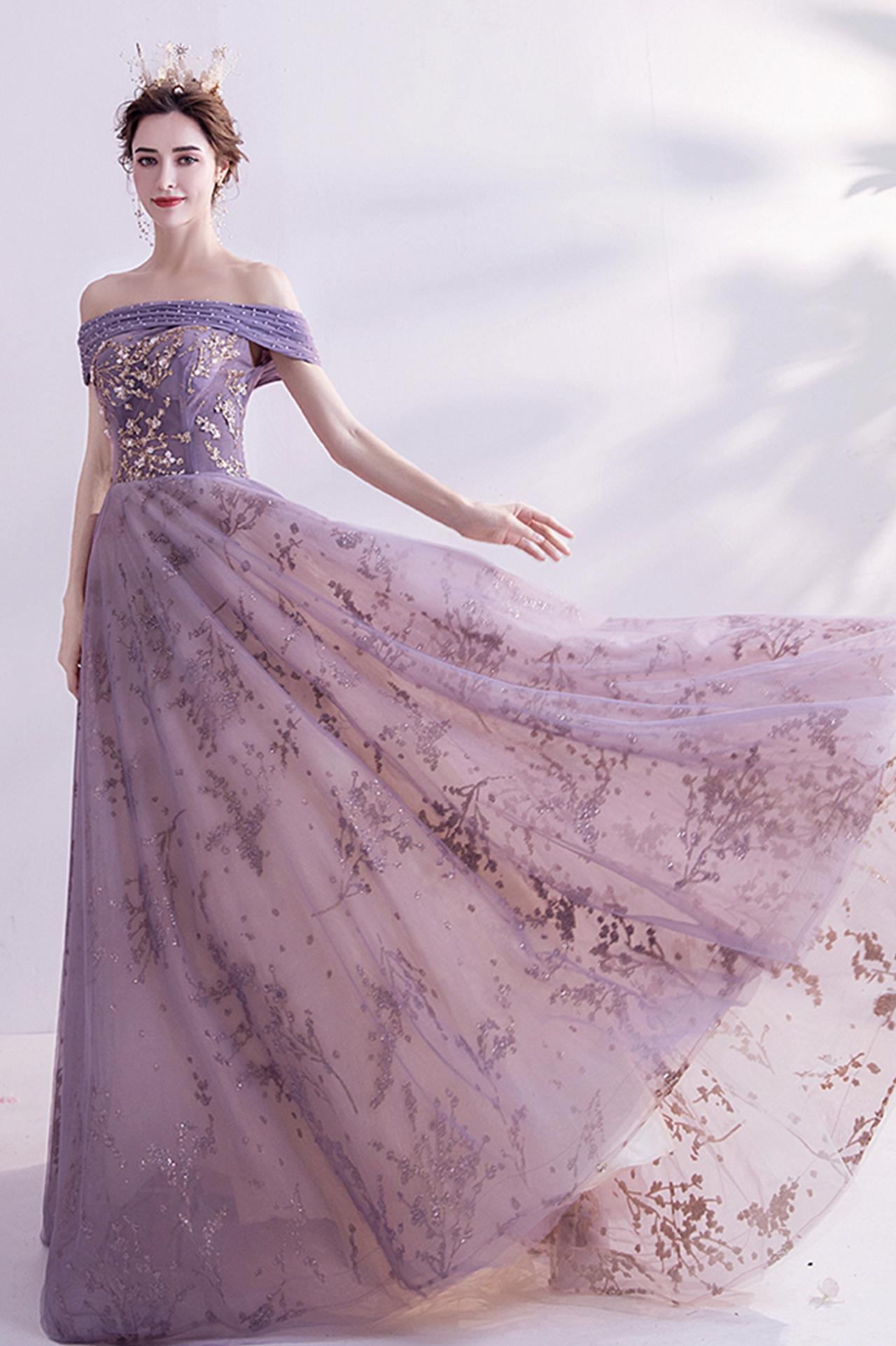 Purple tulle sequins long prom dress evening dress s84
