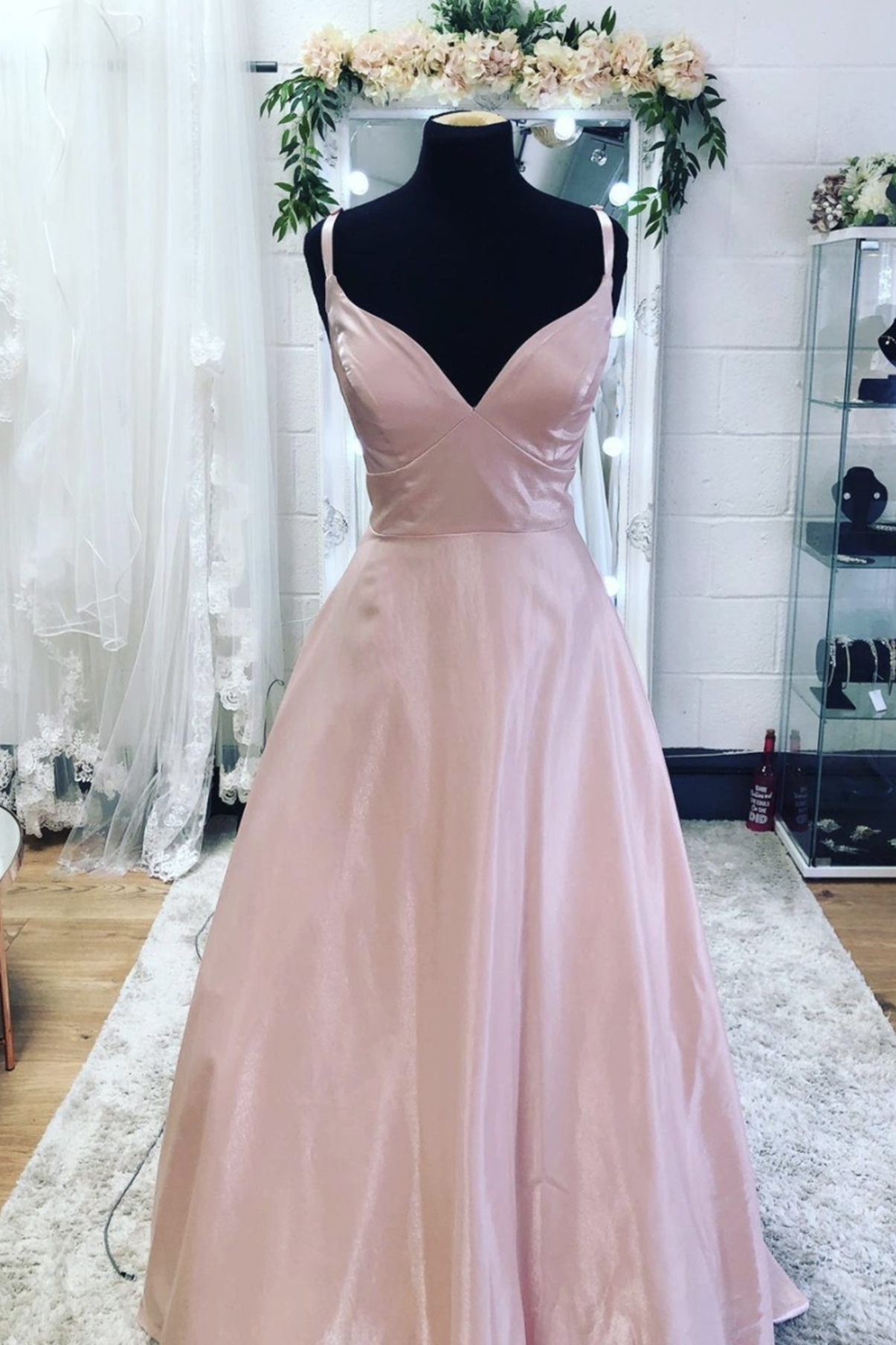Pink Satin Long Prom Dress Pink A Line Evening Dress