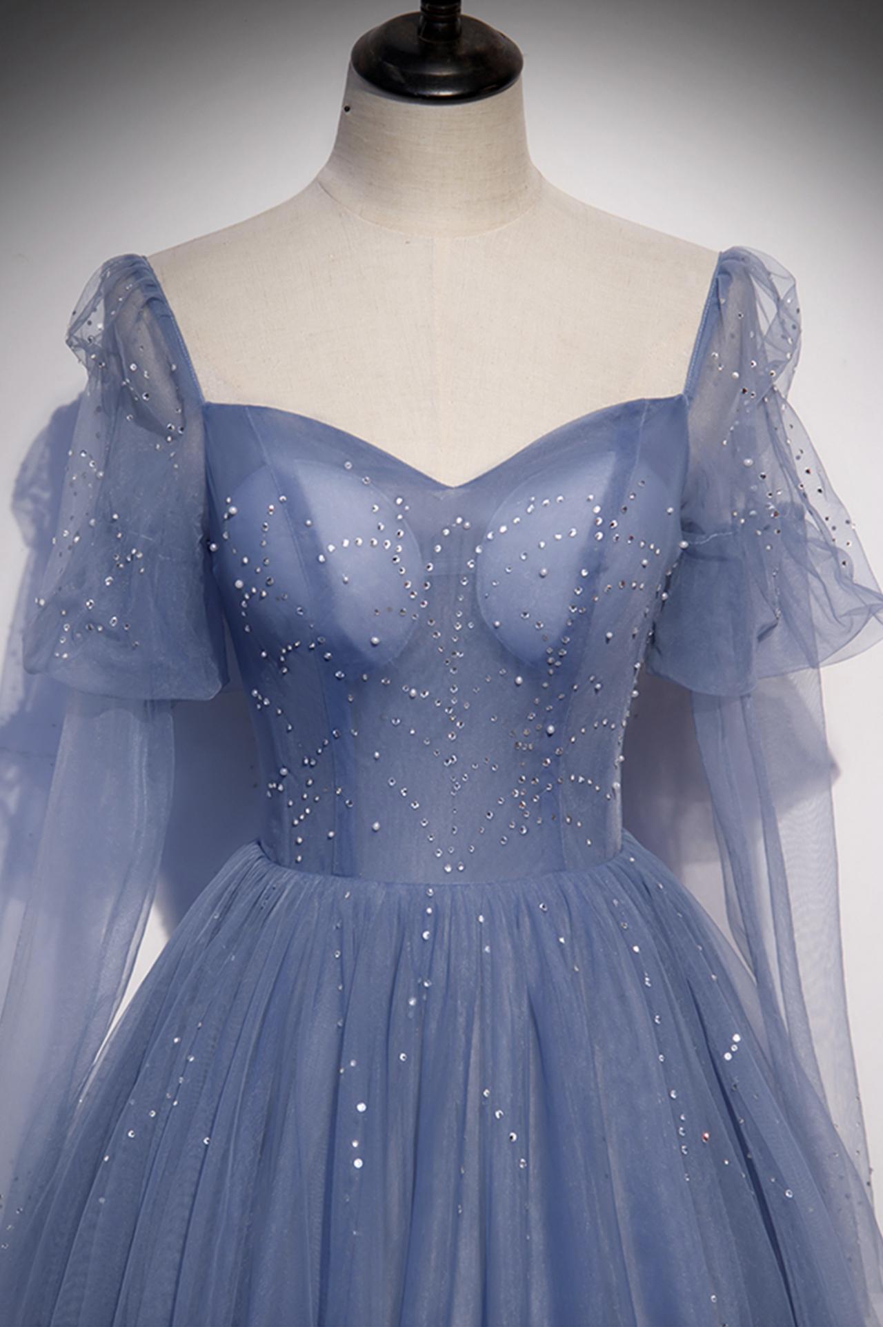 Blue tulle long prom dress A line evening dress Y5340