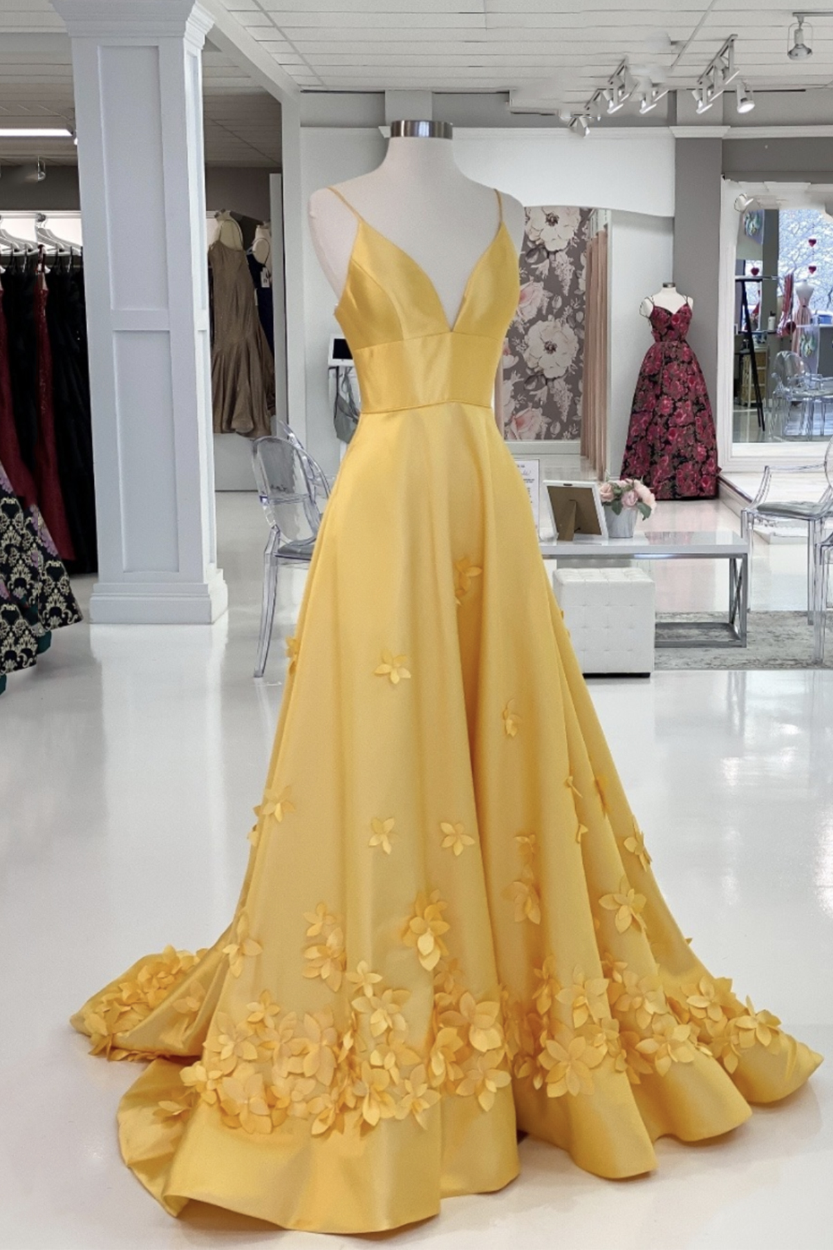 Yellow V Neck Satin Long Prom Dress A Line Evening Dress