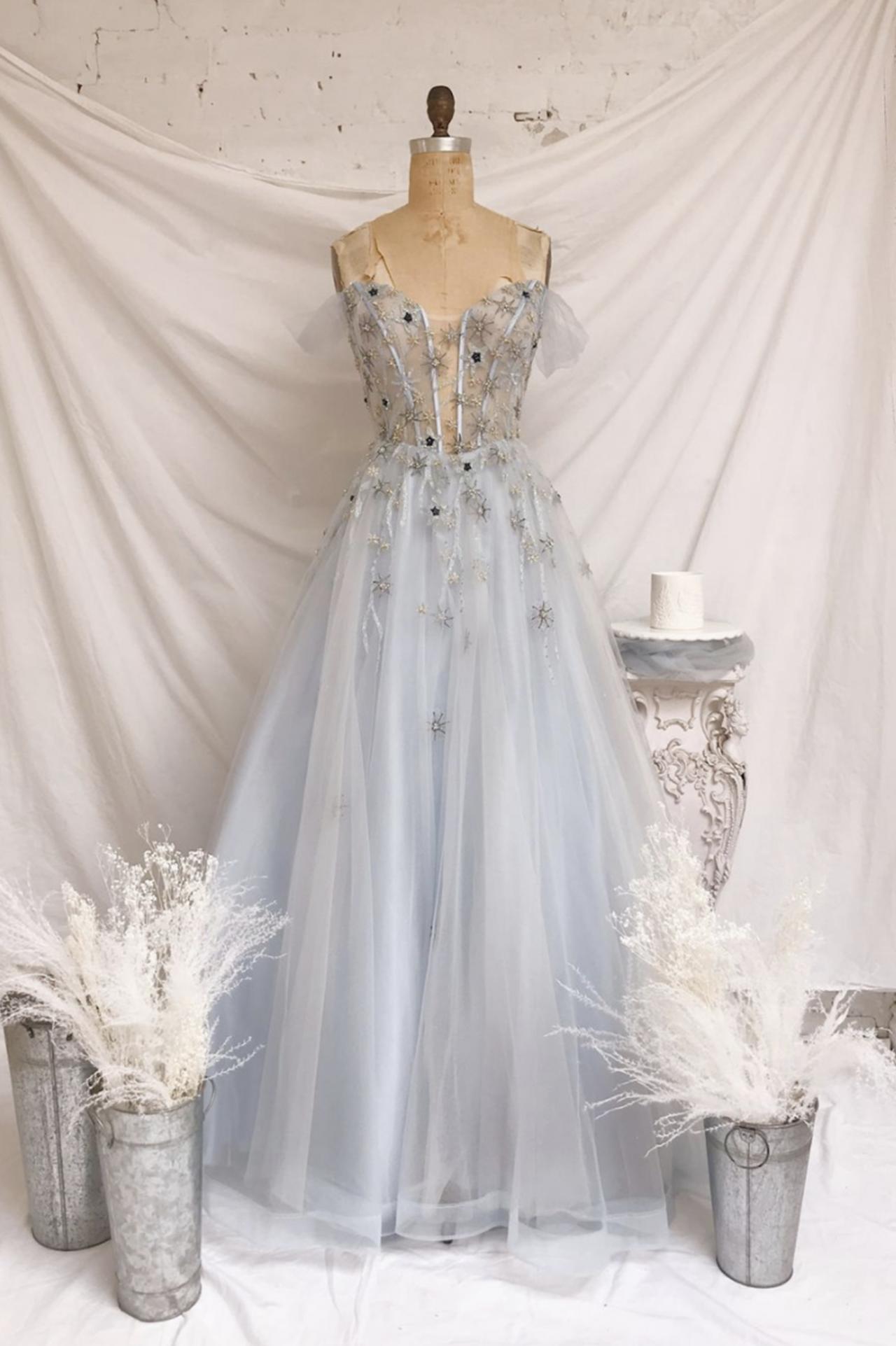 Blue Tulle Long Prom Dress Blue A Line Evening Dress