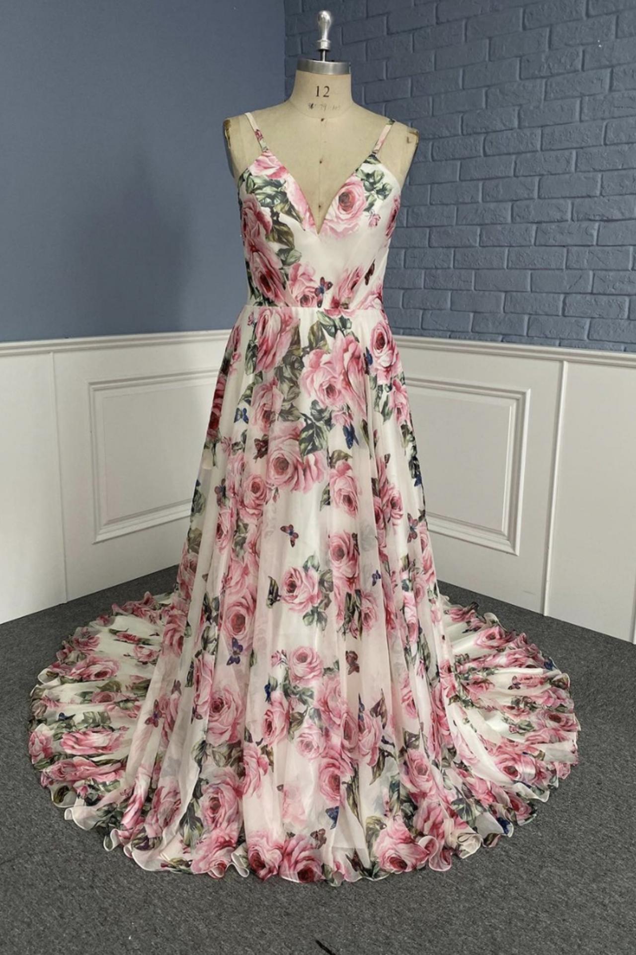 Stylish V Neck Floral Pattern Prom Dress A Line Evening Dress