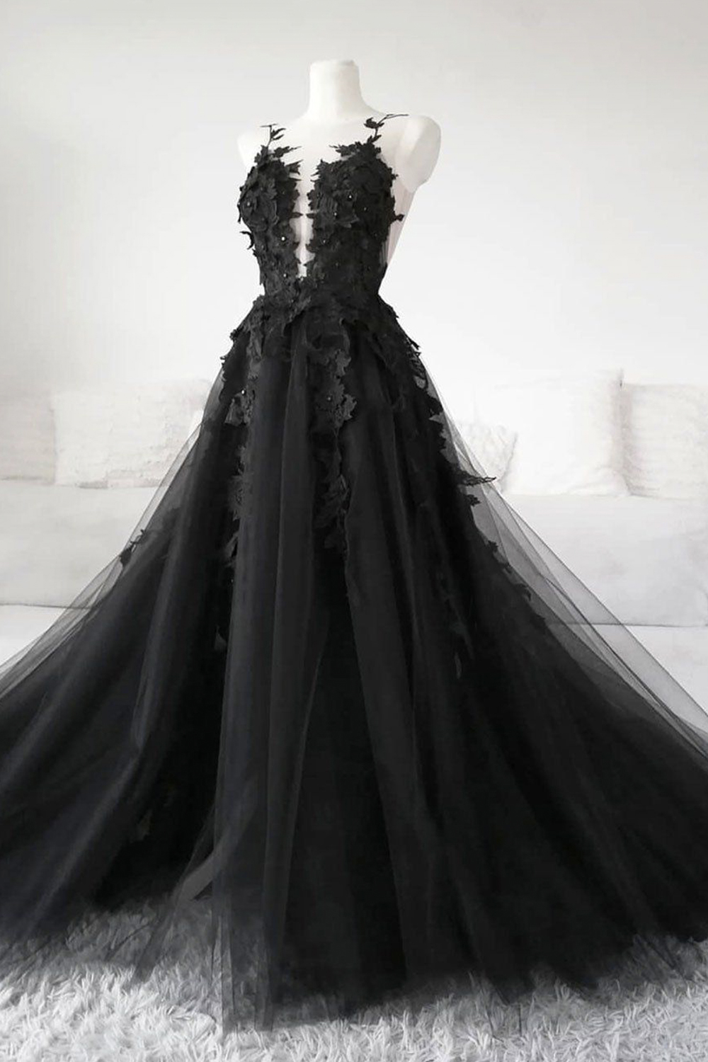 Black A Line Lace Prom Dress Black Long Evening Dress