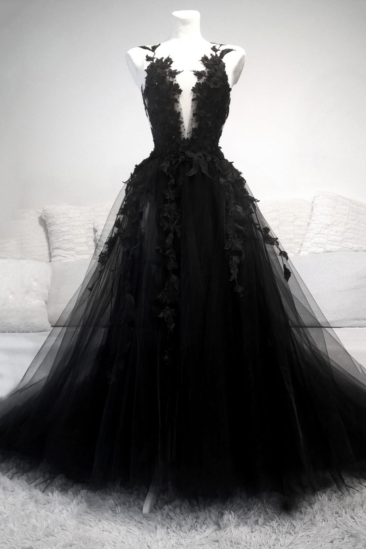 Black V Neck Lace Long Prom Dress A Line Evening Dress
