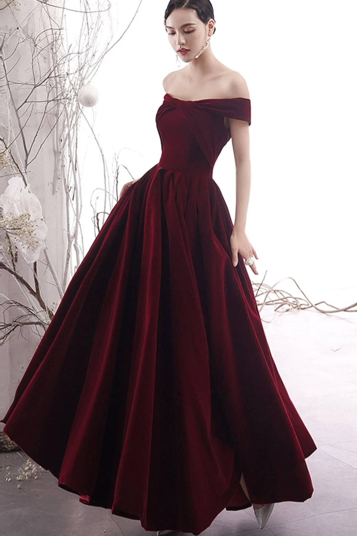 burgundy velvet prom dress