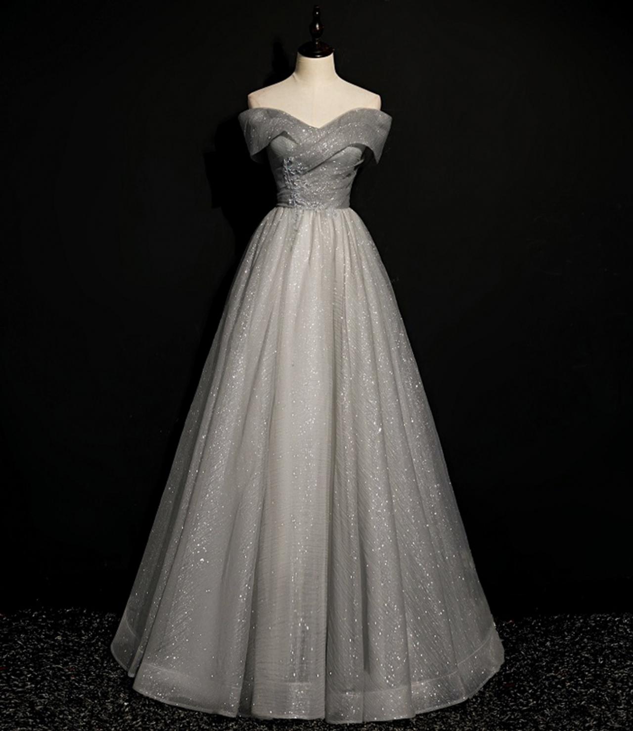 Grey Tulle Beads Long Prom Dress Off Shoulder Evening Dress