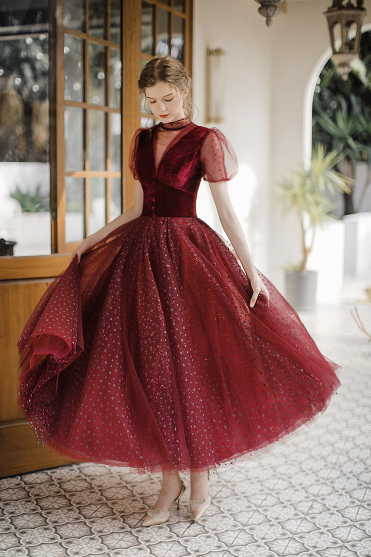 Burgundy Tulle Lace Long Prom Dress, Burgundy Evening Dress – shopluu