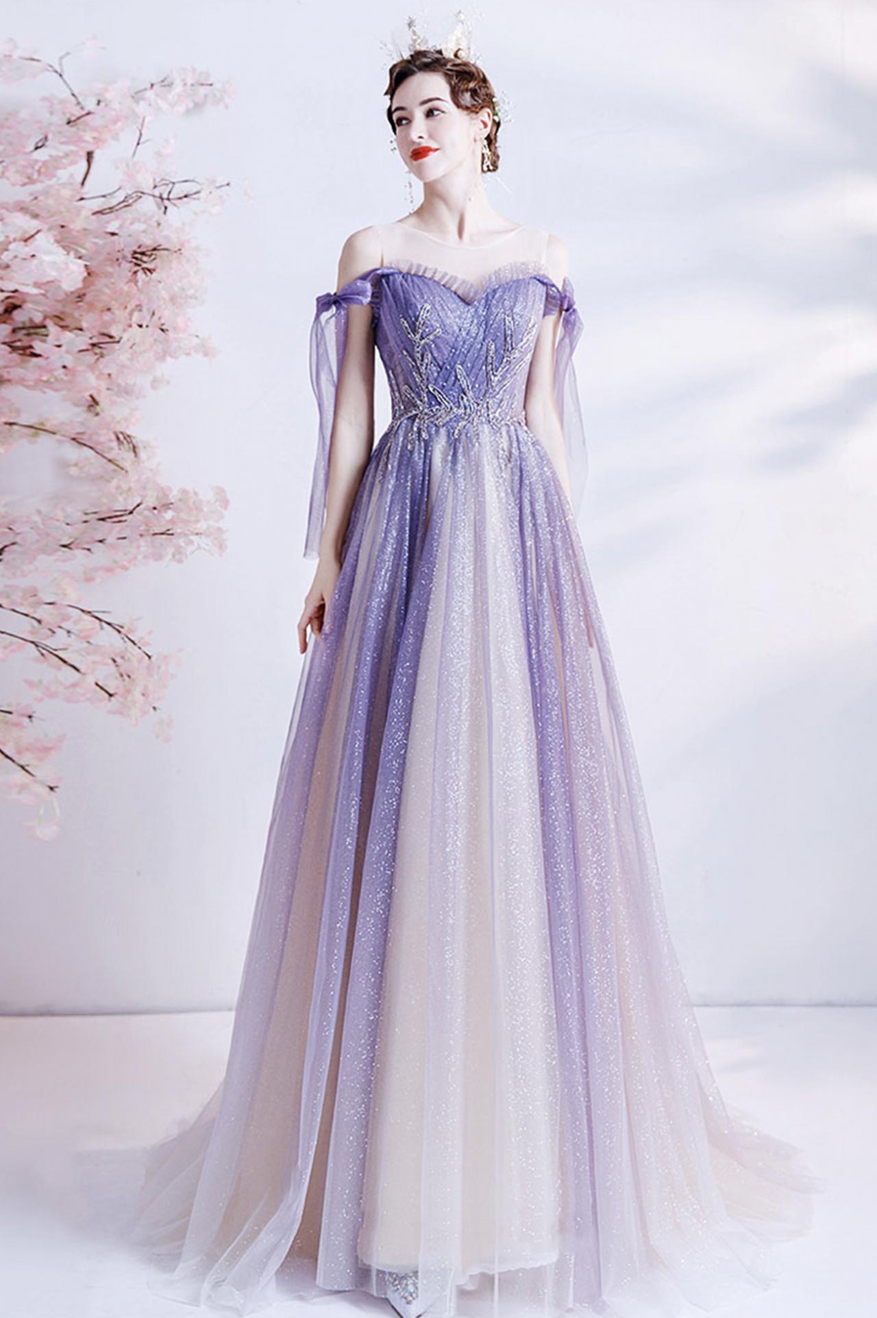 Purple tulle long A line prom dress evening gown main image 1