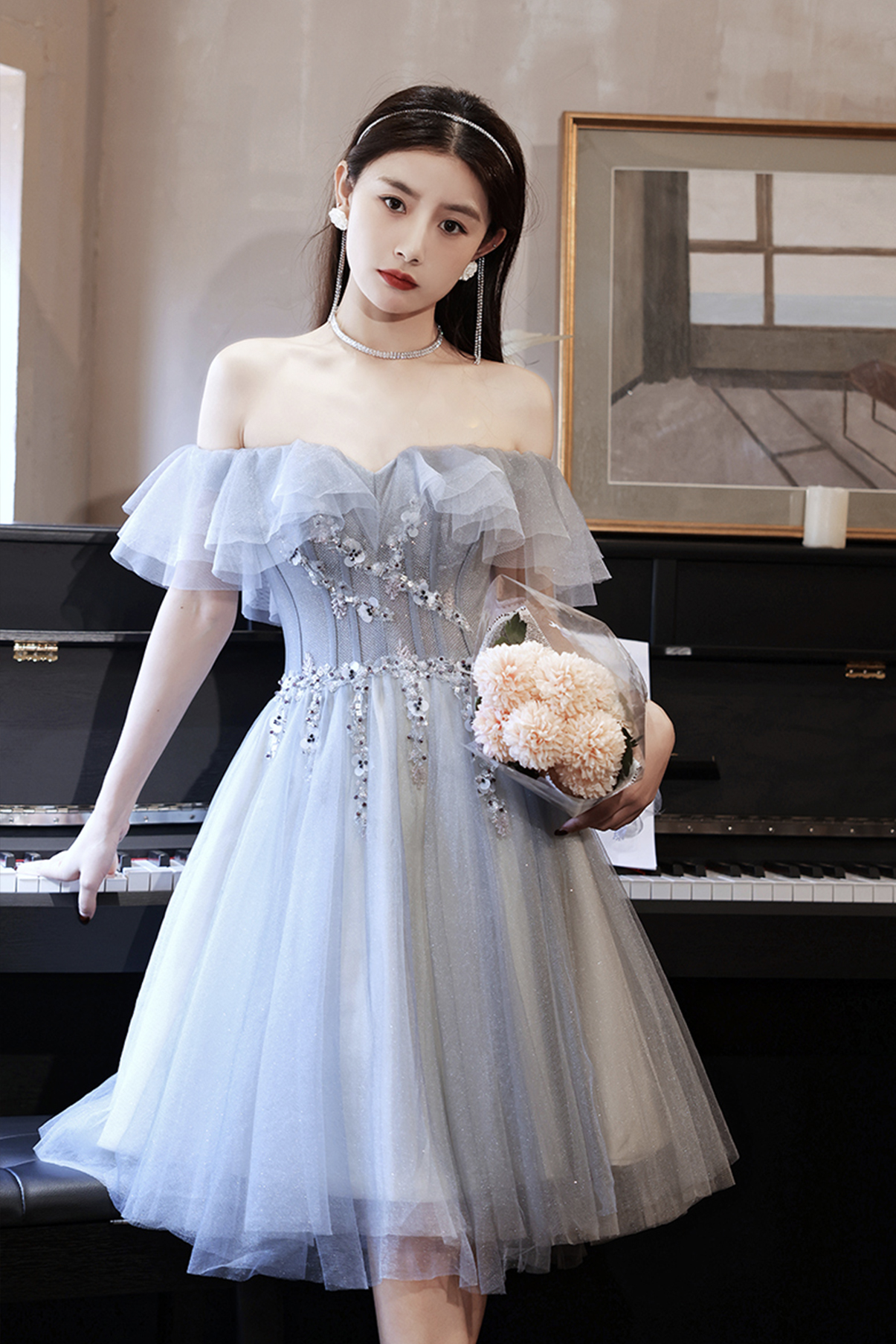 Gray Tulle Beads Short Prom Dress Party Dress