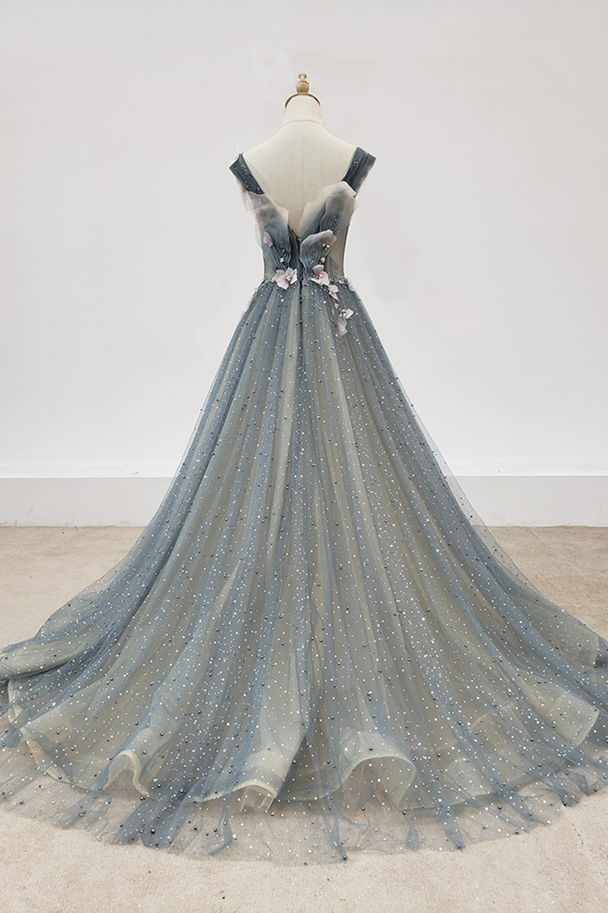 V-neck Beaded Long Prom Dresses, Unique Tulle A-line Prom Dresses 2020 main image 1