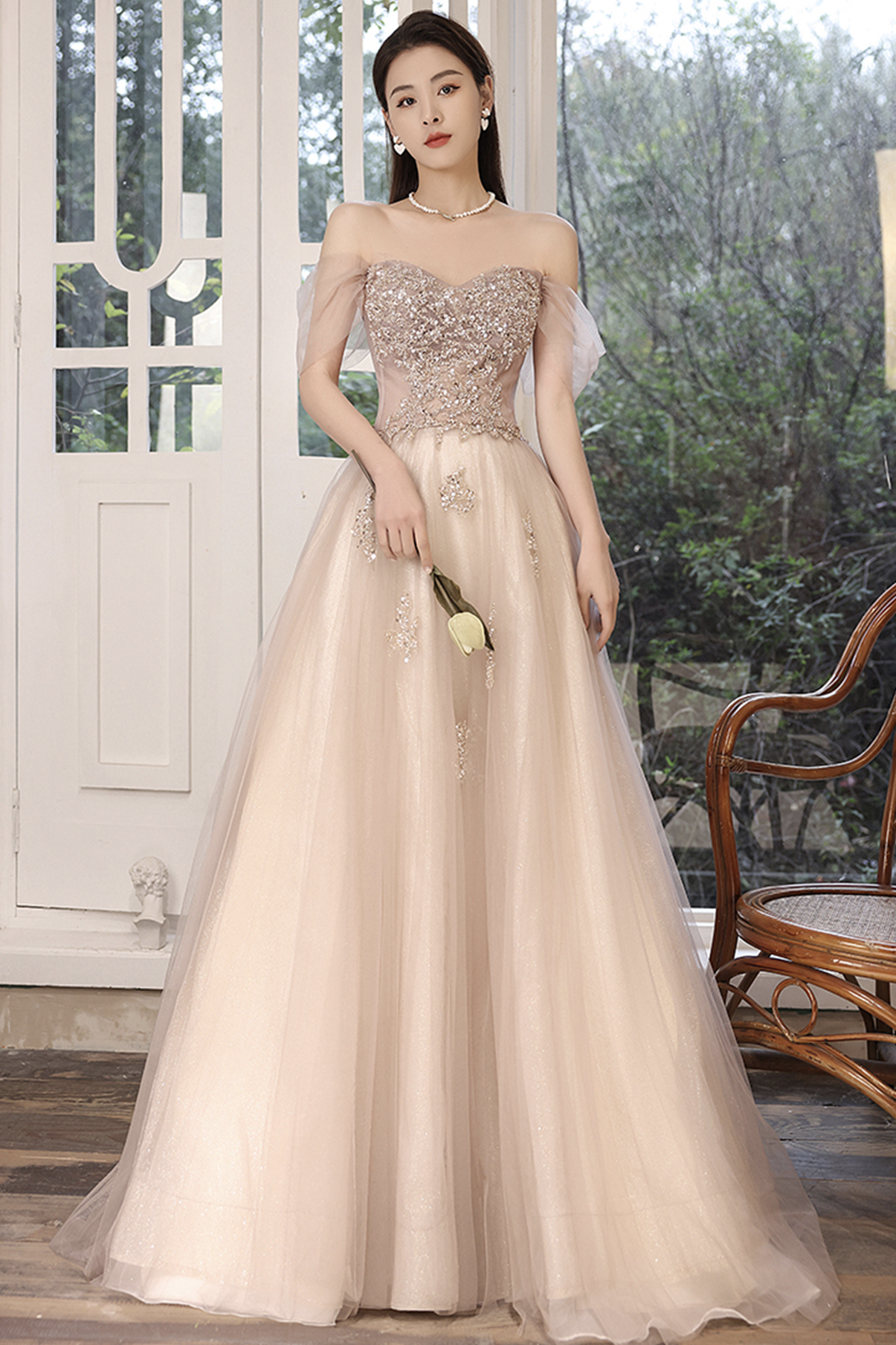 Stylish Tulle Sequins Long A Line Prom Dress Evening Dress