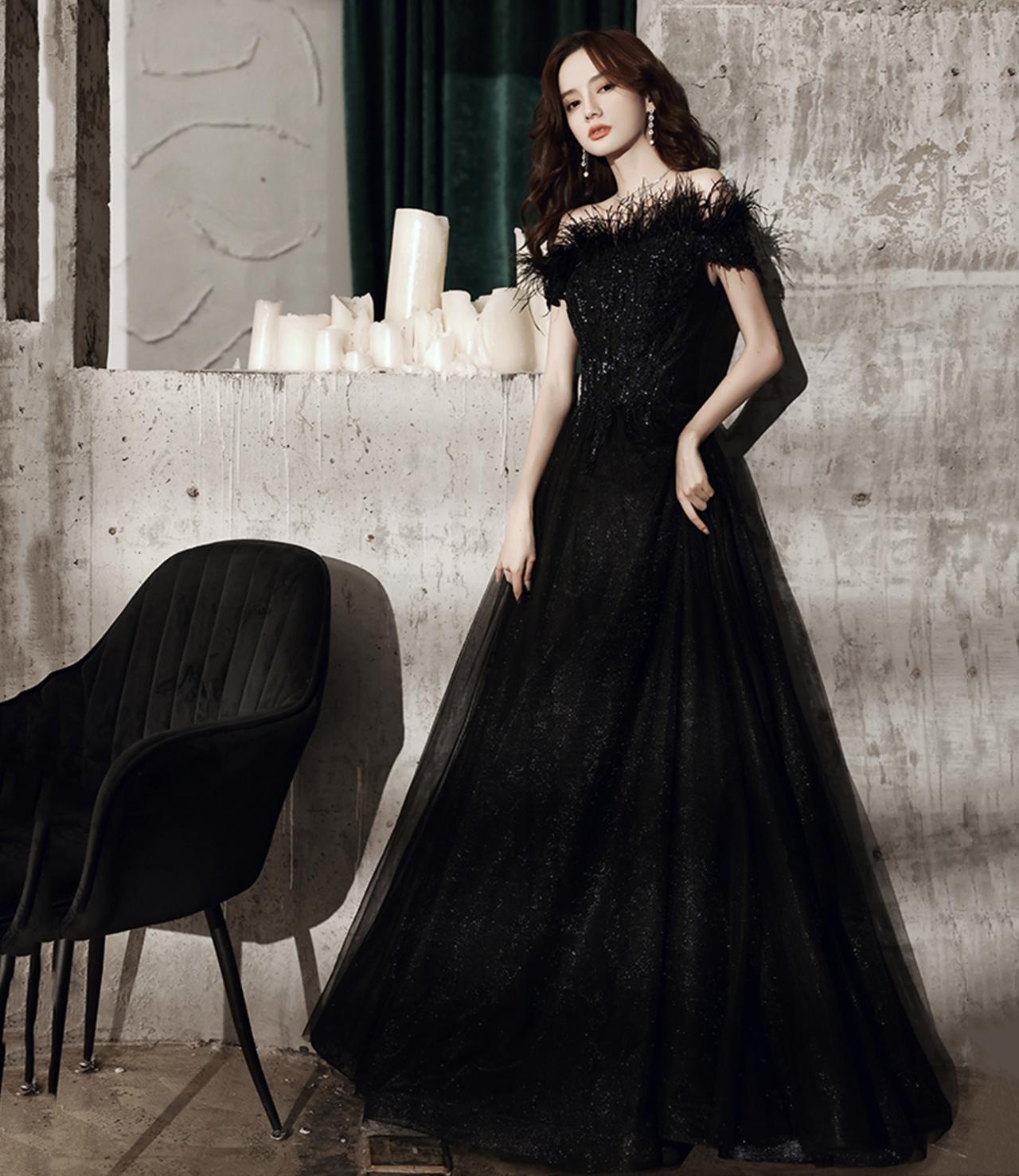chinese dress ladies Black Tulle Long A-Line Prom Dresses, Black Off The Shoulder Evening Dresses US 16 / Black